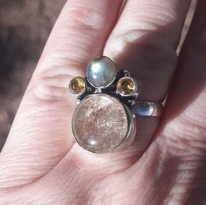 New Rutilated Quartz, Labradorite & Citrine 925 Silver Ring.